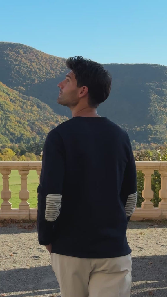 sweat homme bleu marine avec coudières - coton bio - maison ft

