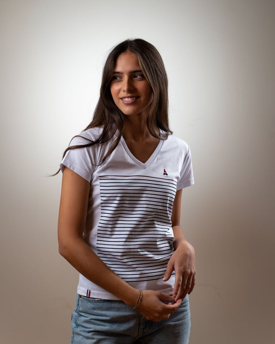 T-SHIRT Femme Marinière col V - Coton Bio